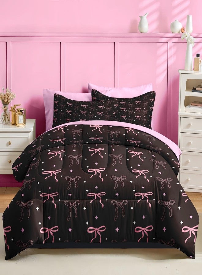 Nesker Bow Comforter Set Twin Size, 5 Pieces Bed in a Bag, Pink Black Bow Bedding Set for Girls, Cute Bowknot Comforter Set with 1 Pillowcase & 1 Sham - Image 2
