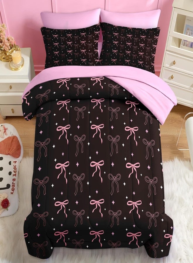 Nesker Bow Comforter Set Twin Size, 5 Pieces Bed in a Bag, Pink Black Bow Bedding Set for Girls, Cute Bowknot Comforter Set with 1 Pillowcase & 1 Sham - Image 3