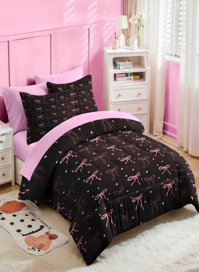 Nesker Bow Comforter Set Twin Size, 5 Pieces Bed in a Bag, Pink Black Bow Bedding Set for Girls, Cute Bowknot Comforter Set with 1 Pillowcase & 1 Sham - Image 4