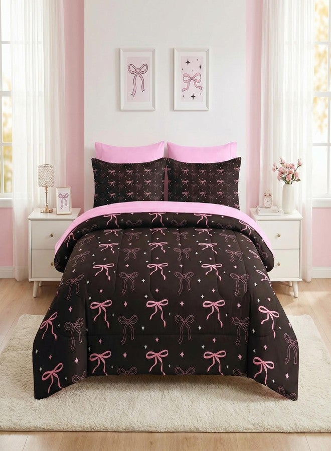 Nesker Bow Comforter Set Twin Size, 5 Pieces Bed in a Bag, Pink Black Bow Bedding Set for Girls, Cute Bowknot Comforter Set with 1 Pillowcase & 1 Sham - Image 1