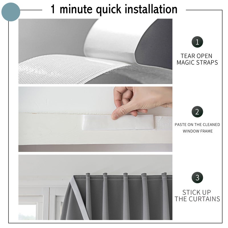 Jilron Magic Tape Stick on Curtains Blackout Curtains for Bedroom no Drillng Self Adhesive Curtain no Rod Small Window (Grey, 35" W x 59" L) 2 Panels - Image 3