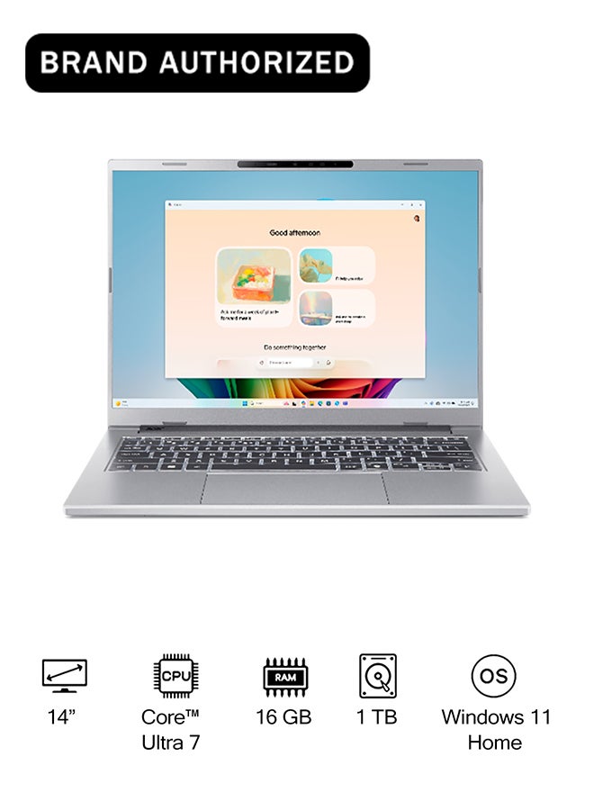 أيسر لابتوب أسباير A14 AI بشاشة WUXGA مقاس 14 بوصة، معالج كور ألترا 7-256V/16 جيجابايت رام/1 تيرابايت SSD/رسومات إنتل آرك 140V/ويندوز 11 هوم - Image 1