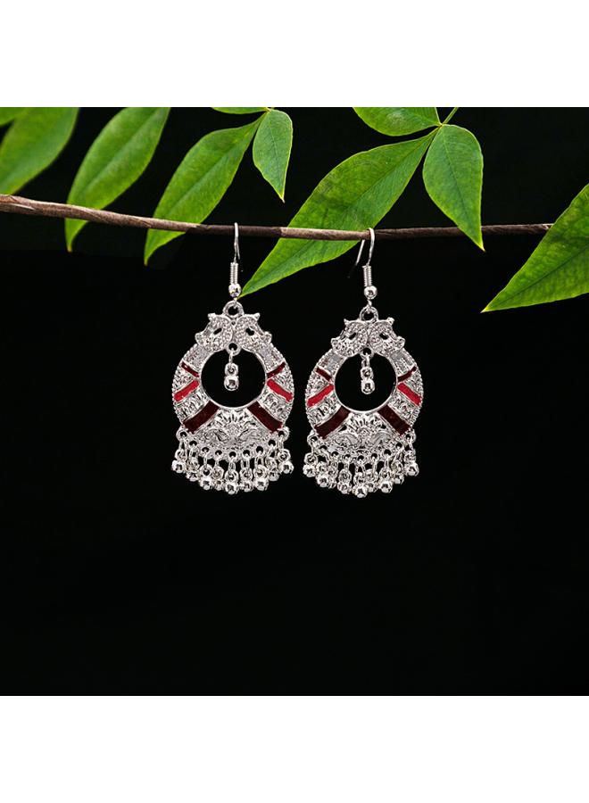 Tourism Imitation Miao Silver Alloy Earrings Retro Ethnic Style Geometric Water Drop Round Bell Tassel Hollow Earrings 