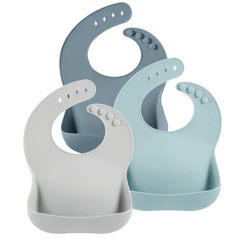 PandaEar 3 Pack Silicone Bibs for Boys Girls for Babies Toddlers Waterproof Feeding Bib with Large Food Catcher BPA Free Blue Gray - Image 2