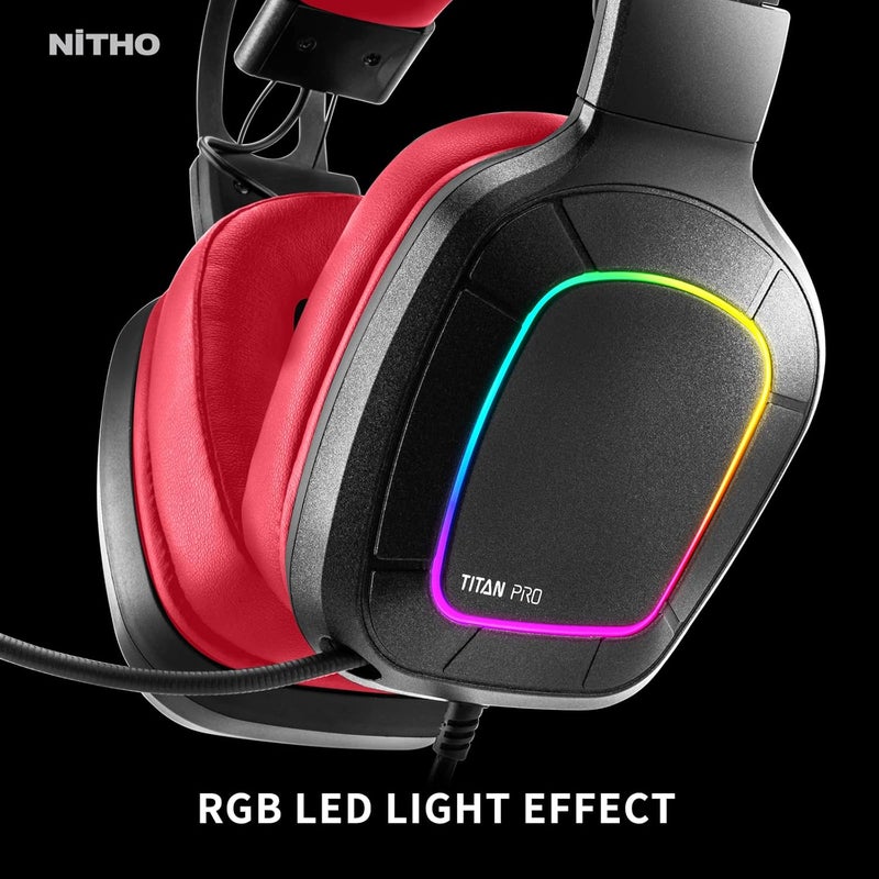 NITHO Titan PRO 7.1 Surround Gaming Headset with Cardioid Microphone for PS5, PS4, PC, Laptop, Over-Ear Stereo Wired Gaming Headphones with RGB LED Light, 3.5 mm Audio Jack, 50 mm Drivers - Red - Image 5