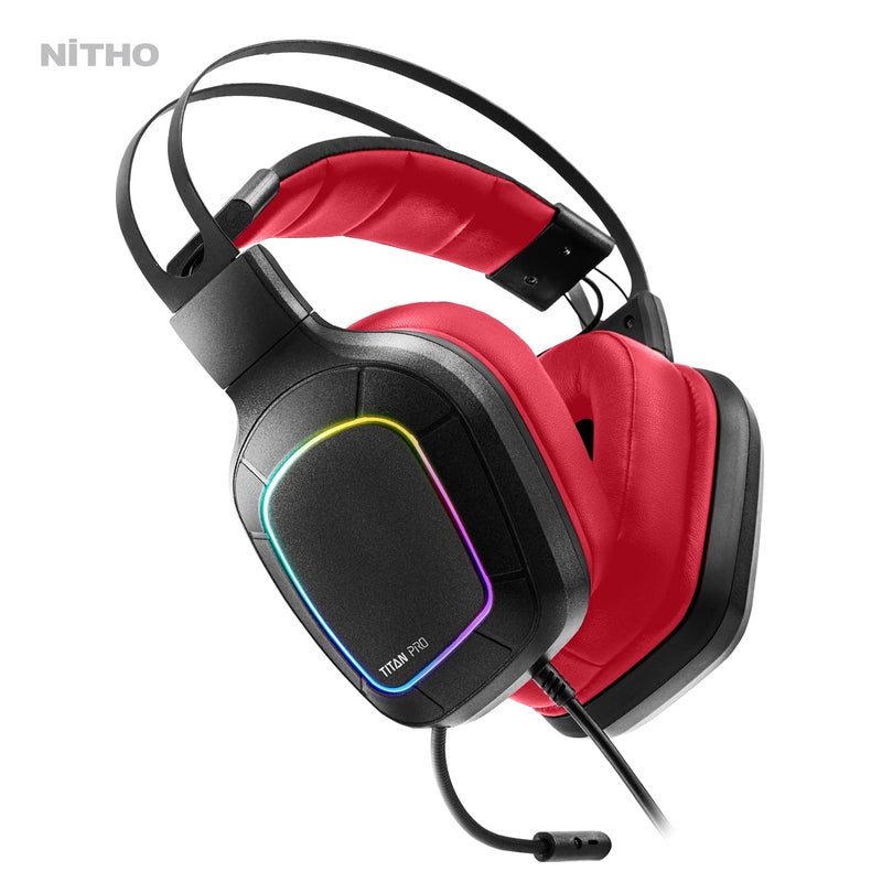 NITHO Titan PRO 7.1 Surround Gaming Headset with Cardioid Microphone for PS5, PS4, PC, Laptop, Over-Ear Stereo Wired Gaming Headphones with RGB LED Light, 3.5 mm Audio Jack, 50 mm Drivers - Red - Image 2