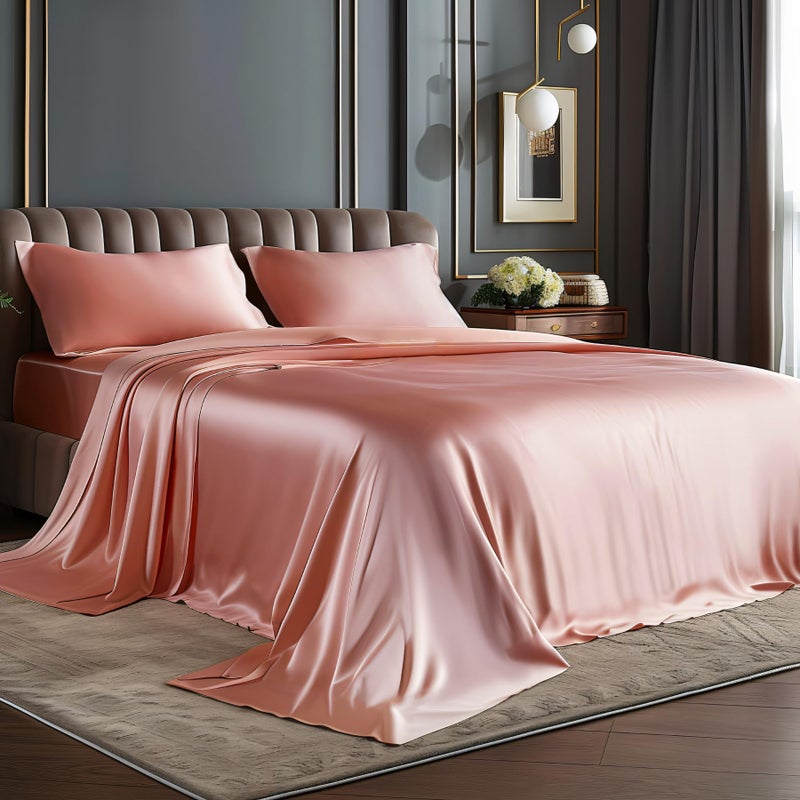 BEDELITE Satin Sheets Full Size Bed Set  Luxury Soft Rose Pink Silky Sheets for Hair and Skin  Similar to Silk Bed Sheets Set 4 Pieces with 1 Deep Pocket Fitted Sheet  1 Flat Sheet  and 2 Pillowcases - Image 1
