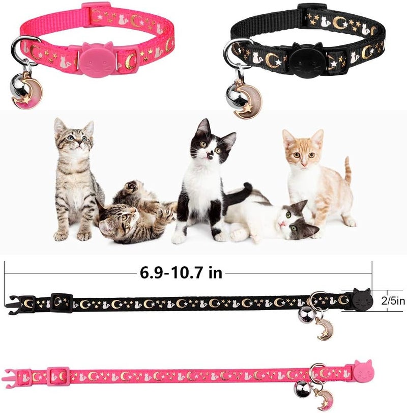 Baeuppit 2PCS Breakaway Cat Collars with Bell Moons Stars Cute Kitty Adjustable Safe Kitten Collars with Pendant Glow in The Dark(Black&Pink) - Image 5