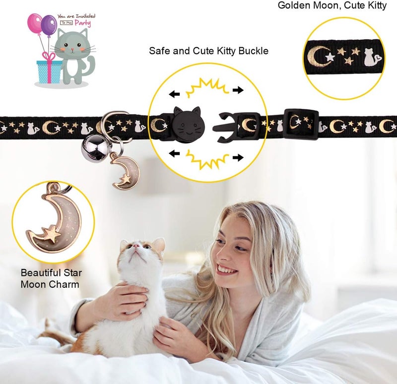 Baeuppit 2PCS Breakaway Cat Collars with Bell Moons Stars Cute Kitty Adjustable Safe Kitten Collars with Pendant Glow in The Dark(Black&Pink) - Image 4