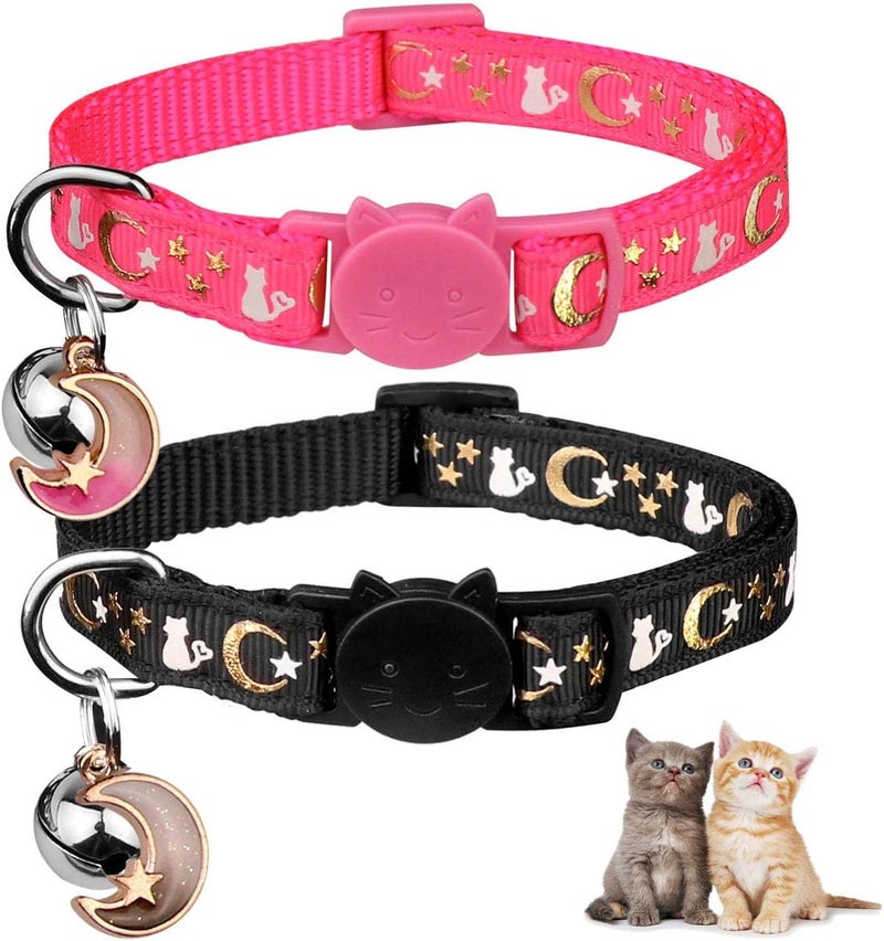 Baeuppit 2PCS Breakaway Cat Collars with Bell Moons Stars Cute Kitty Adjustable Safe Kitten Collars with Pendant Glow in The Dark(Black&Pink) - Image 1