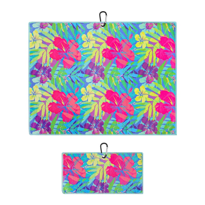 Microfiber Golf Towels for Golf Bags Carts Premium Weave Waffle Ball Towels with Carabiner Clip Essential Accessories for Men Women and Kids Golfer Gifts Set of 2 Bright Tropics