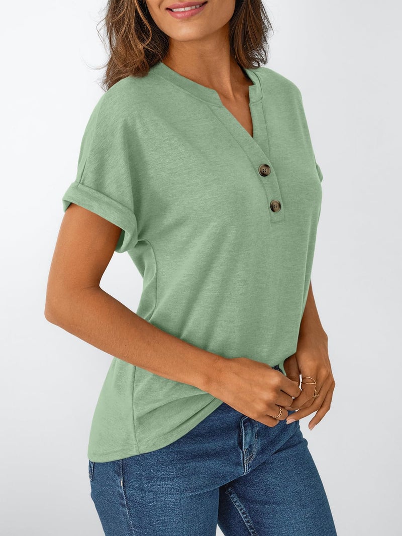 AUTOMET Women's Short Sleeve Shirts Henley Dressy Casual Summer Tops 2026 Spring Fashion Blouses Trendy Cute T-Shirts Business Work Outfits Clothes LitGreen L - Image 3