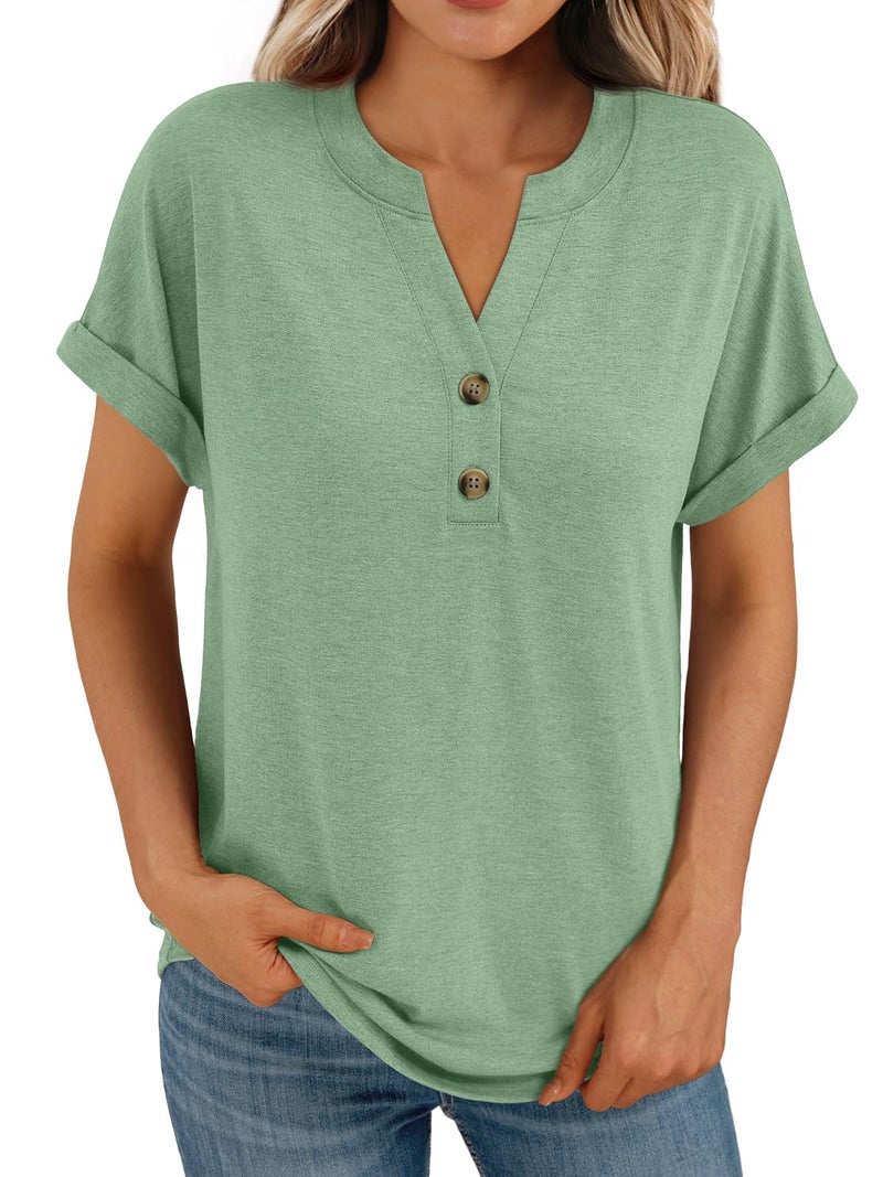 AUTOMET Women's Short Sleeve Shirts Henley Dressy Casual Summer Tops 2026 Spring Fashion Blouses Trendy Cute T-Shirts Business Work Outfits Clothes LitGreen L - Image 1
