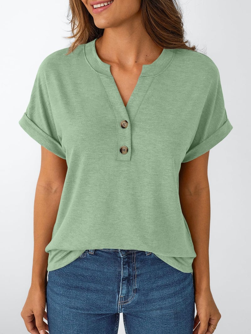 AUTOMET Women's Short Sleeve Shirts Henley Dressy Casual Summer Tops 2026 Spring Fashion Blouses Trendy Cute T-Shirts Business Work Outfits Clothes LitGreen L - Image 2