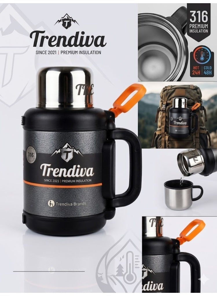 Trendiva 2L Vacuum Insulated Camping Flask – 316 Stainless Steel Thermos Water Bottle with Handle & Cup | Double Wall Thermal Jug for Hot & Cold Drinks, Travel, Hiking, Sports, Outdoor Adventure - Image 2