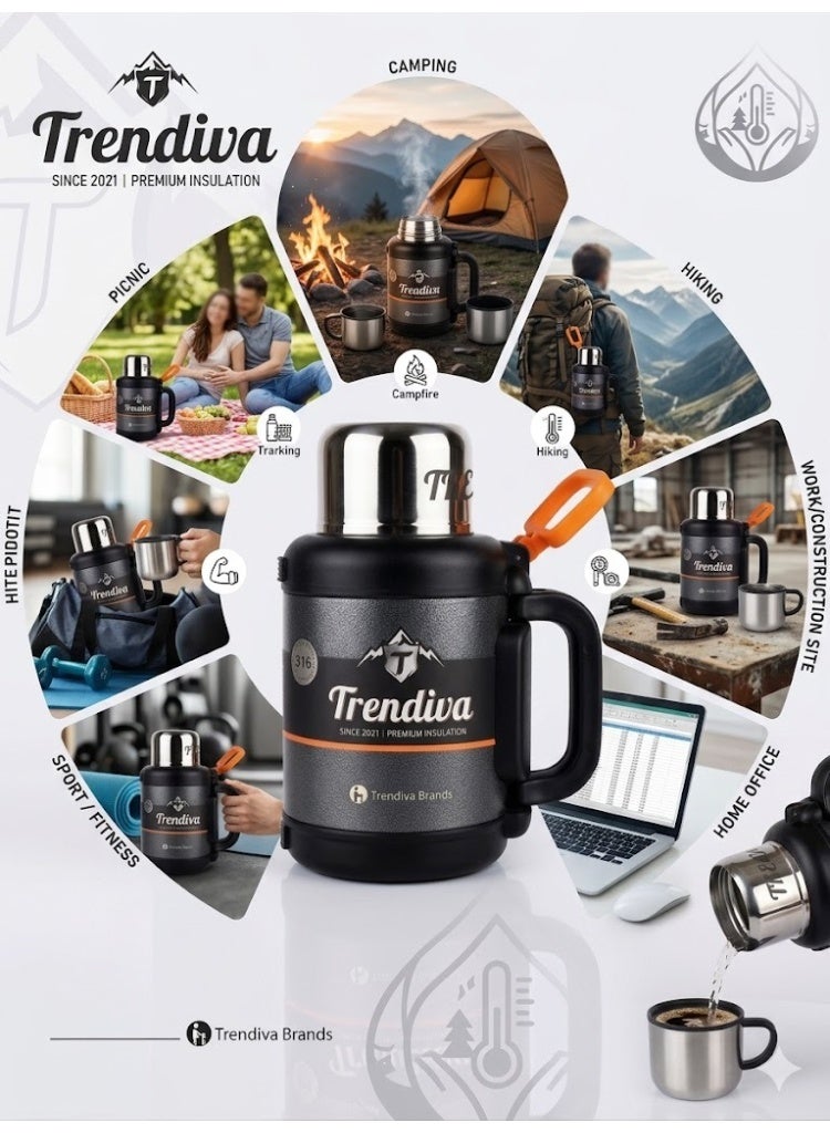 Trendiva 2L Vacuum Insulated Camping Flask – 316 Stainless Steel Thermos Water Bottle with Handle & Cup | Double Wall Thermal Jug for Hot & Cold Drinks, Travel, Hiking, Sports, Outdoor Adventure - Image 3