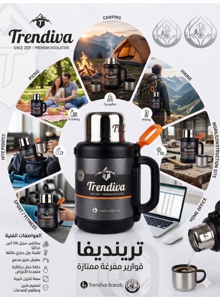 Trendiva 2L Vacuum Insulated Camping Flask – 316 Stainless Steel Thermos Water Bottle with Handle & Cup | Double Wall Thermal Jug for Hot & Cold Drinks, Travel, Hiking, Sports, Outdoor Adventure - Image 4