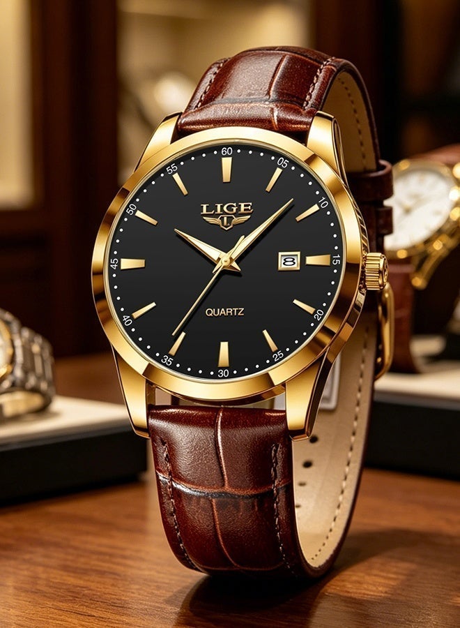 LIGE Original Luxury Quartz Wristwatches Fashion Classic Watches For Men Sports Waterproof Luminous Leather Strap Calender High Hardness Glass Mens Watch Gifts Gold - Image 2