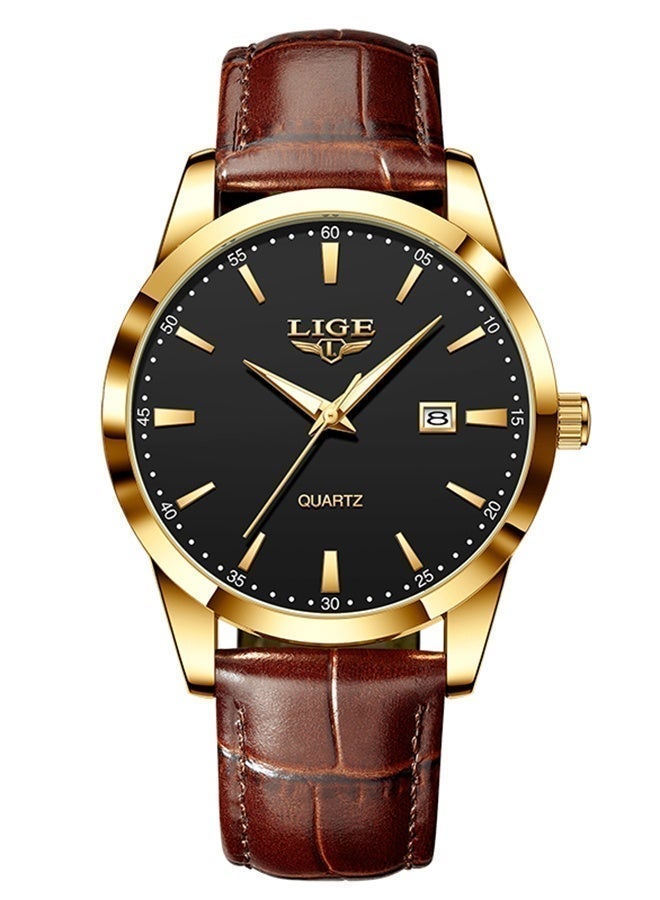 LIGE Original Luxury Quartz Wristwatches Fashion Classic Watches For Men Sports Waterproof Luminous Leather Strap Calender High Hardness Glass Mens Watch Gifts Gold - Image 3