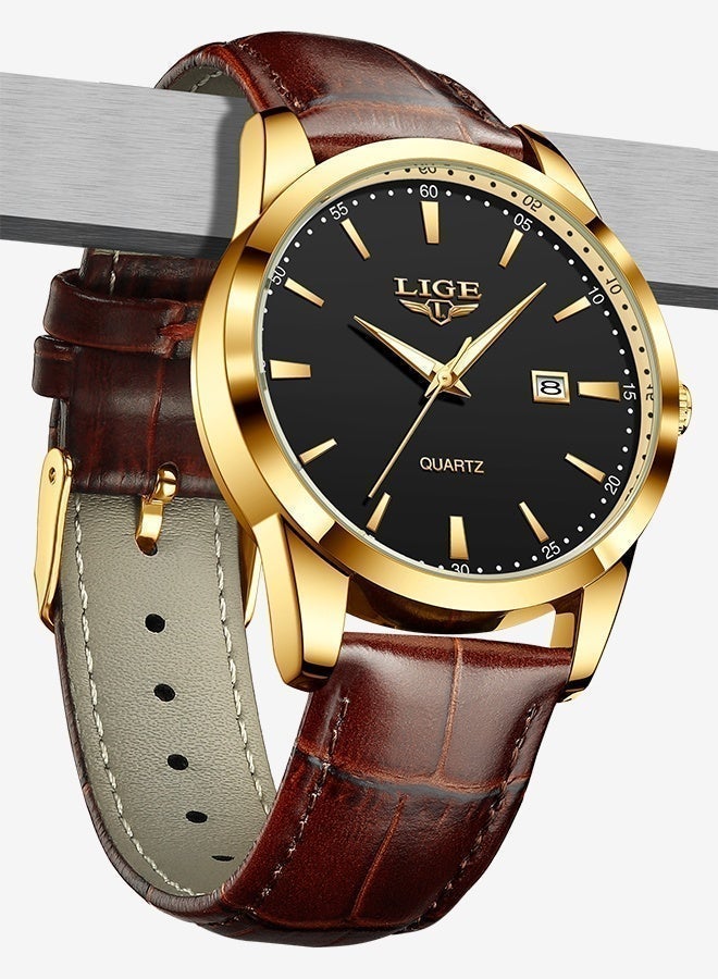 LIGE Original Luxury Quartz Wristwatches Fashion Classic Watches For Men Sports Waterproof Luminous Leather Strap Calender High Hardness Glass Mens Watch Gifts Gold - Image 5