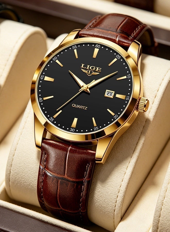 LIGE Original Luxury Quartz Wristwatches Fashion Classic Watches For Men Sports Waterproof Luminous Leather Strap Calender High Hardness Glass Mens Watch Gifts Gold - Image 1
