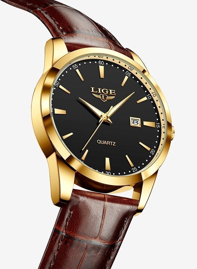 LIGE Original Luxury Quartz Wristwatches Fashion Classic Watches For Men Sports Waterproof Luminous Leather Strap Calender High Hardness Glass Mens Watch Gifts Gold - Image 4