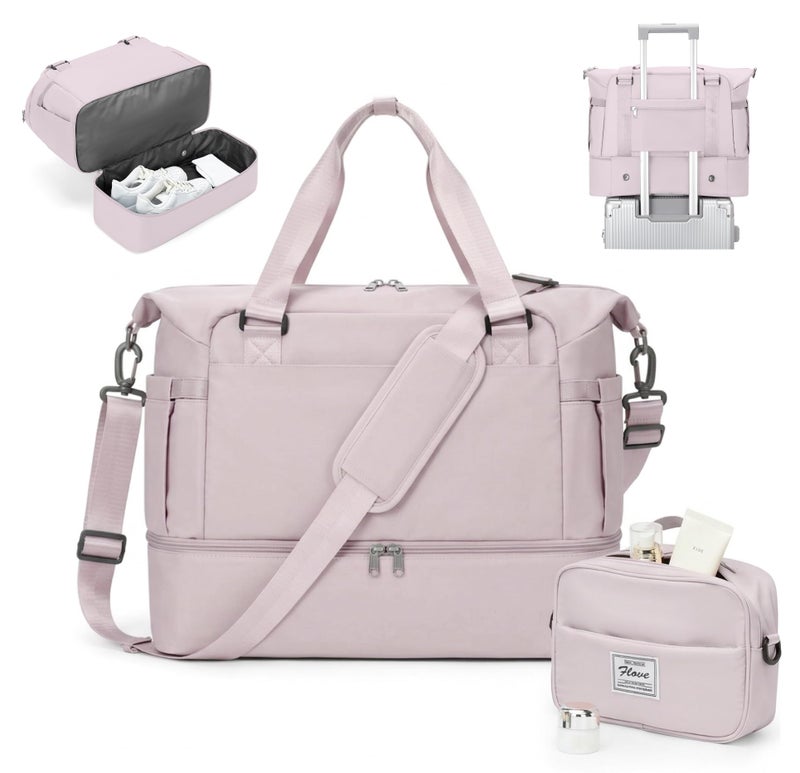 livbote Weekender Bags for Women, Travel Duffel Bag with Shoe Compartment & Wet Pocket, Carry On Personal Item Overnight Tote Duffle Bag for Airlines - Lotus Pink - Image 1