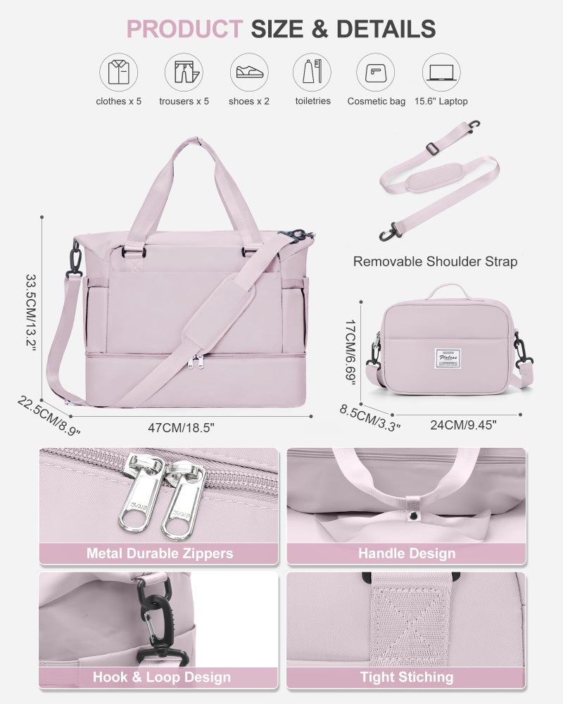 livbote Weekender Bags for Women, Travel Duffel Bag with Shoe Compartment & Wet Pocket, Carry On Personal Item Overnight Tote Duffle Bag for Airlines - Lotus Pink - Image 3