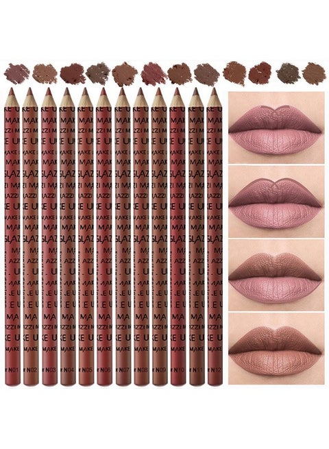 12 Pcs Natural Nude Brown Beige Colors Lip Liner Lipstick Pencils Set For Daily Makeupeasy To Apply & Removewaterproof (B)