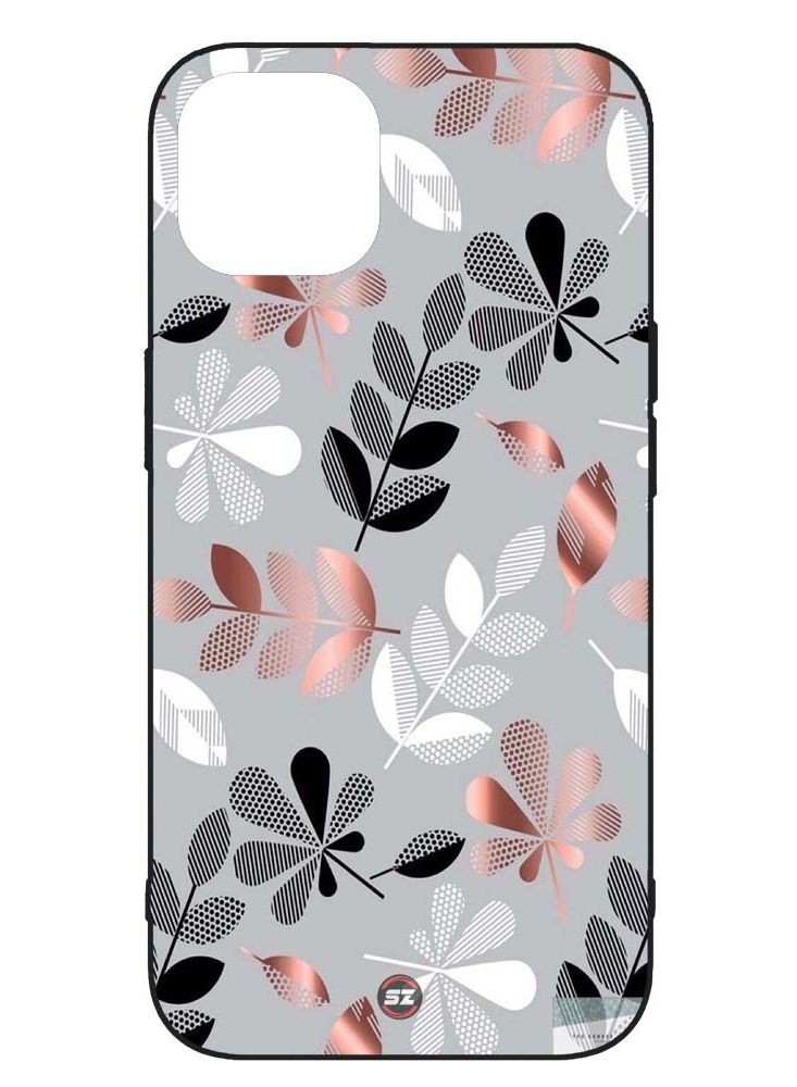 Protective Printed Mobile Back Cover Black And Rose Gold Self Design Leaves For Apple iPhone 13 Pro