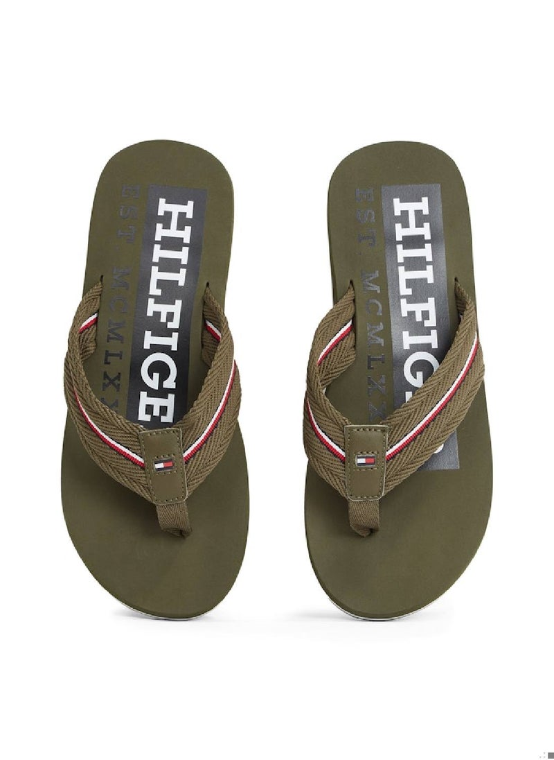 TOMMY HILFIGER - Men's Signature Tape Webbing Flip-Flops - Polyester, Green - Image 1
