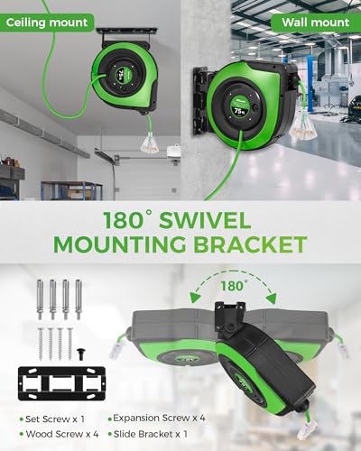 WILAWELS Retractable Cord Reel, 75 FT Heavy Duty Extension Cord, 14AWG/3C SJTOW, 3 Grounded Outlets Lighted Triple Tap, 10A Circuit Breaker, Wall/Ceiling Mounted, UL Listed, Green J75CR06 - Image 2
