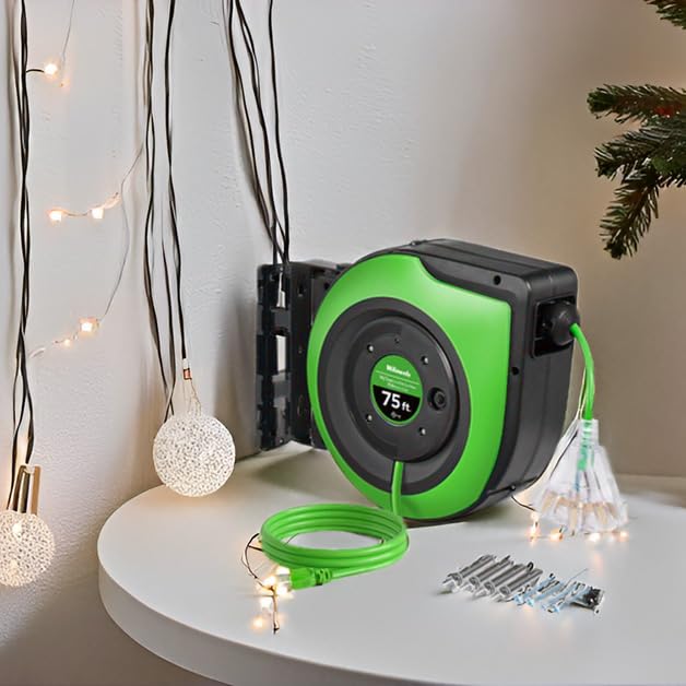 WILAWELS Retractable Cord Reel, 75 FT Heavy Duty Extension Cord, 14AWG/3C SJTOW, 3 Grounded Outlets Lighted Triple Tap, 10A Circuit Breaker, Wall/Ceiling Mounted, UL Listed, Green J75CR06 - Image 3