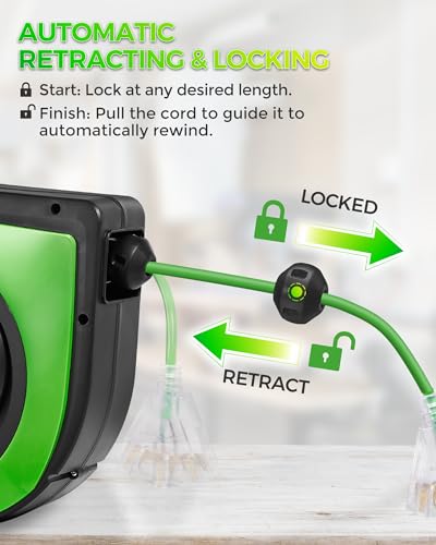WILAWELS Retractable Cord Reel, 75 FT Heavy Duty Extension Cord, 14AWG/3C SJTOW, 3 Grounded Outlets Lighted Triple Tap, 10A Circuit Breaker, Wall/Ceiling Mounted, UL Listed, Green J75CR06 - Image 4