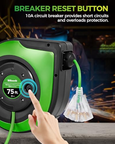 WILAWELS Retractable Cord Reel, 75 FT Heavy Duty Extension Cord, 14AWG/3C SJTOW, 3 Grounded Outlets Lighted Triple Tap, 10A Circuit Breaker, Wall/Ceiling Mounted, UL Listed, Green J75CR06 - Image 5