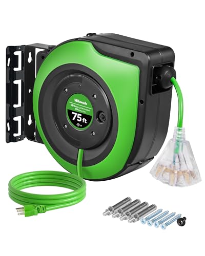 WILAWELS Retractable Cord Reel, 75 FT Heavy Duty Extension Cord, 14AWG/3C SJTOW, 3 Grounded Outlets Lighted Triple Tap, 10A Circuit Breaker, Wall/Ceiling Mounted, UL Listed, Green J75CR06 - Image 1