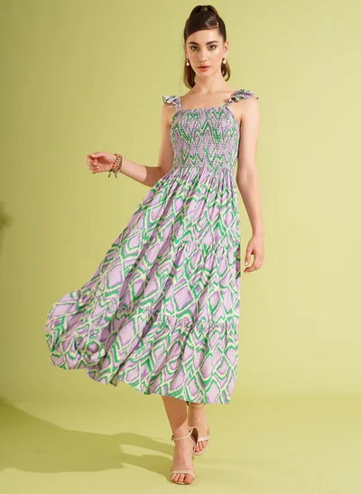 globus Globus Women Printed Smocked Fit & Flare Midi Dress