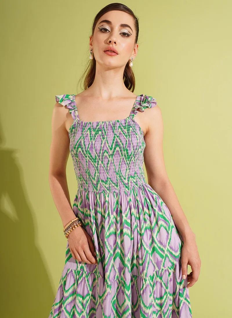 globus Globus Women Printed Smocked Fit & Flare Midi Dress