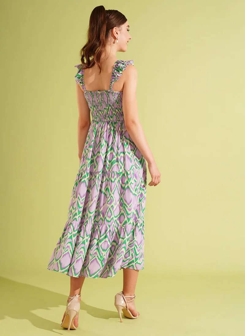 globus Globus Women Printed Smocked Fit & Flare Midi Dress