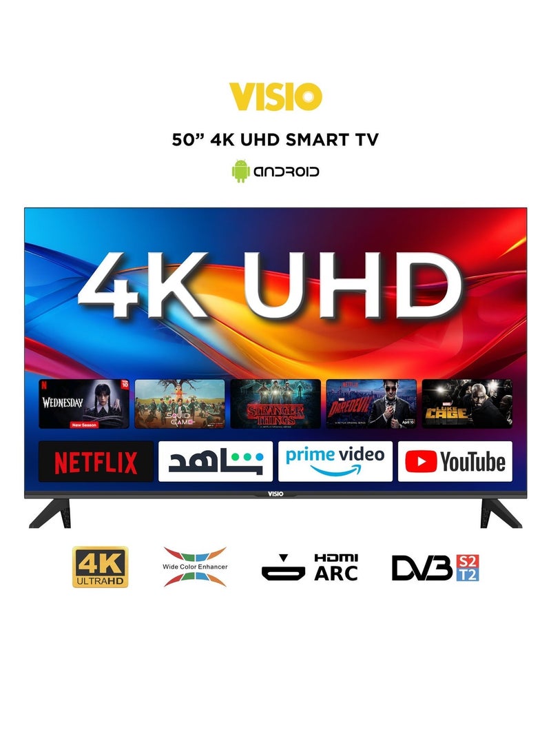 VISIO 50 Inch 4K UHD Smart LED TV - Android 15 AOSP, Quad Core, Frameless Design, Wi-Fi, 3 HDMI, 2 USB, Built-in Satellite Receiver (DVB-S2/T), EShare Screen Mirroring, Wall Mount Included, (2026 Model) - Black 50VSJ - Image 1