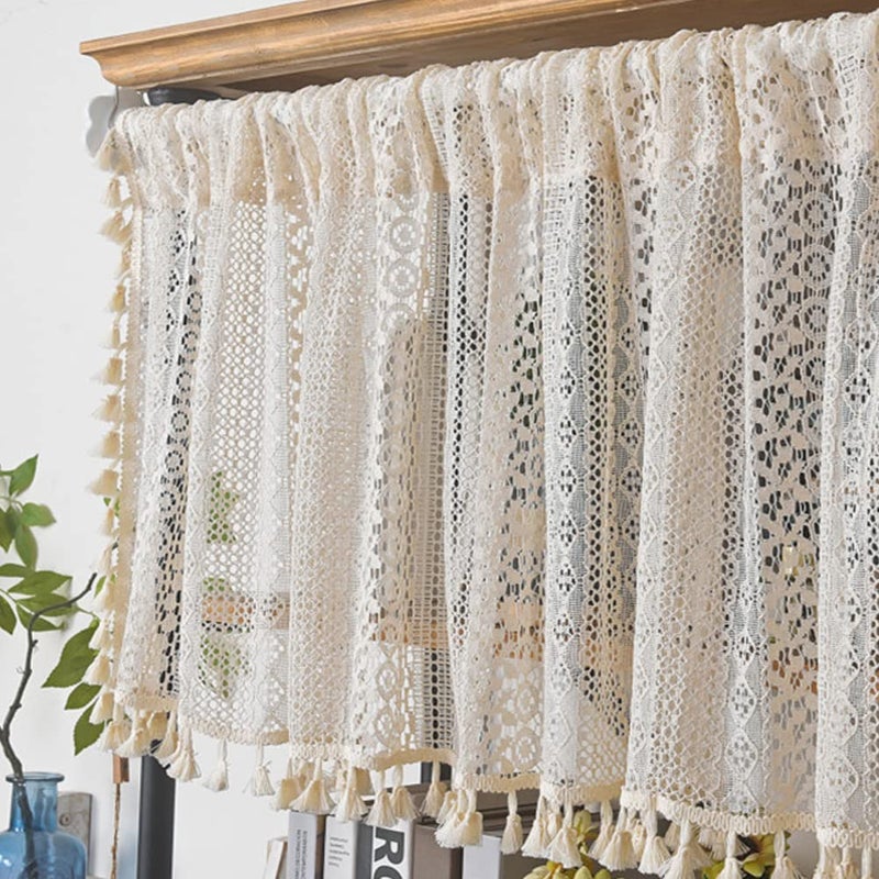 AMZALI Curtain Tiers Lace Valance Window Topper Curtain with Tassels Short Window Curtains for Cafe Bathroom Kitchen Farmhouse Bedroom Rod Pocket Curtains 1 Panel Beige