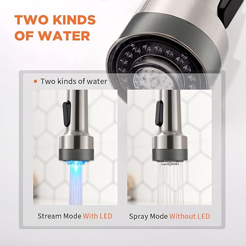 OWOFAN Kitchen Faucet with LED Sprayer Single Handle Pull Down Sprayer Spring Kitchen Sink Faucet with LED Light Brushed Nickel 9005SN - Image 3
