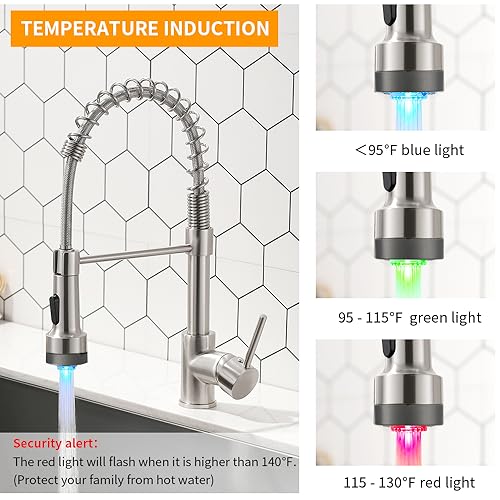 OWOFAN Kitchen Faucet with LED Sprayer Single Handle Pull Down Sprayer Spring Kitchen Sink Faucet with LED Light Brushed Nickel 9005SN - Image 2