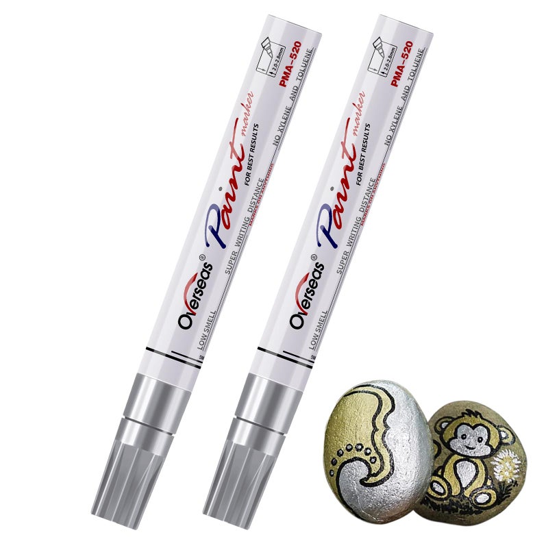 Overseas Permanent Paint Pens Silver Markers - 2 Pack Metallic Oil Based Paint Markers, Medium Tip, Quick Drying and Waterproof Marker Pen for Metal, Rock Painting, Wood, Plastic, Canvas, Mugs - Image 1