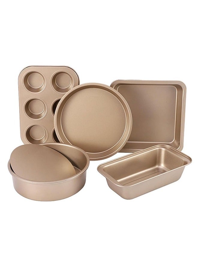 Hihonor 5 PCS Nonstick Bakeware Set,  Baking Pans Set- Pizza Tray, Round/Square Pans, Loaf Pan, 6-Cup Muffin Pan Carbon Steel Baking Trays Oven Trays for Bakers Beginners with Rack and  Cotton Glove ( Gold) - Image 1