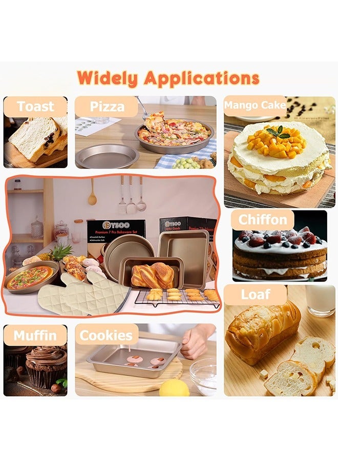 Hihonor 5 PCS Nonstick Bakeware Set,  Baking Pans Set- Pizza Tray, Round/Square Pans, Loaf Pan, 6-Cup Muffin Pan Carbon Steel Baking Trays Oven Trays for Bakers Beginners with Rack and  Cotton Glove ( Gold) - Image 2