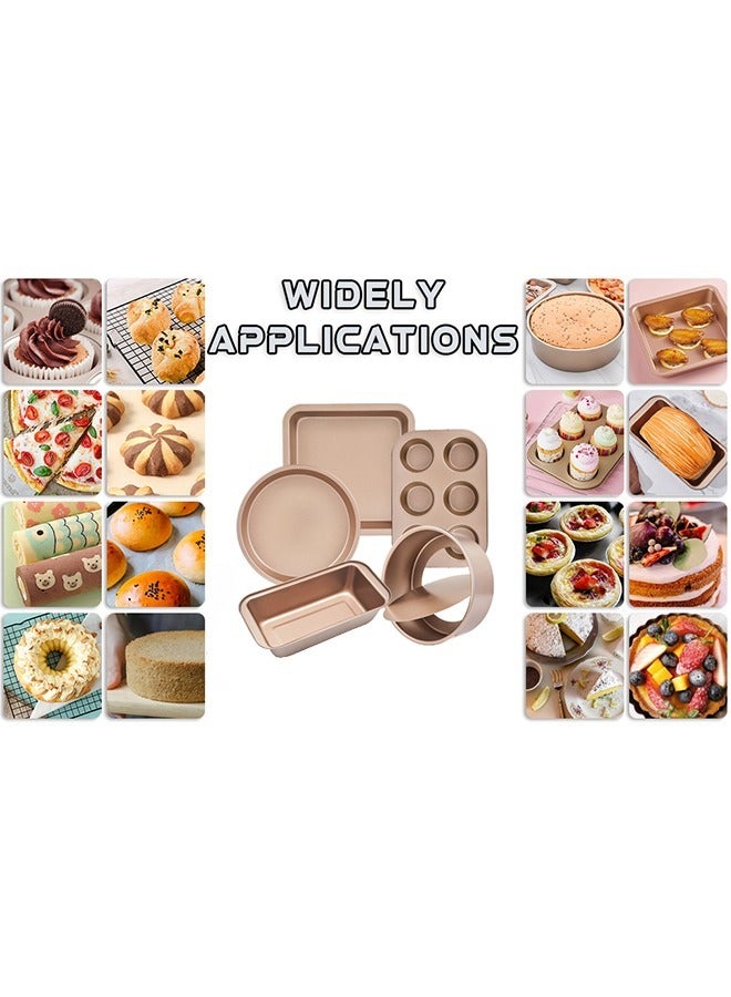 Hihonor 5 PCS Nonstick Bakeware Set,  Baking Pans Set- Pizza Tray, Round/Square Pans, Loaf Pan, 6-Cup Muffin Pan Carbon Steel Baking Trays Oven Trays for Bakers Beginners with Rack and  Cotton Glove ( Gold) - Image 4