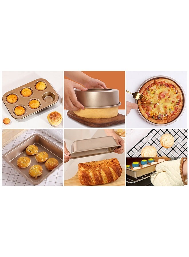 Hihonor 5 PCS Nonstick Bakeware Set,  Baking Pans Set- Pizza Tray, Round/Square Pans, Loaf Pan, 6-Cup Muffin Pan Carbon Steel Baking Trays Oven Trays for Bakers Beginners with Rack and  Cotton Glove ( Gold) - Image 5
