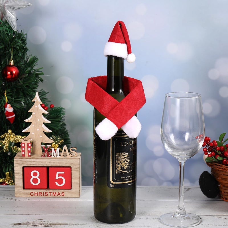 FAVOMOTO 6 Set Christmas Hat And Scarf Wine Bottle Covers, Red Non-woven Fabric Bottle Covers for Christmas Eve Dinner Table Decor, Home Hotel Party Decoration - Image 2