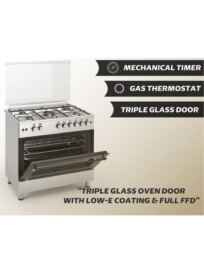 جينيرال جولد طباخ غاز جنرال جولد 90x60 سم، 5 شعلات، إشعال ذاتي مع شعلة ووك، فرن وشواية غاز، باب ثلاثي الزجاج مع مروحة، نظام أمان كامل (FFD)، سطح طهي ثقيل 90 سم - Image 2